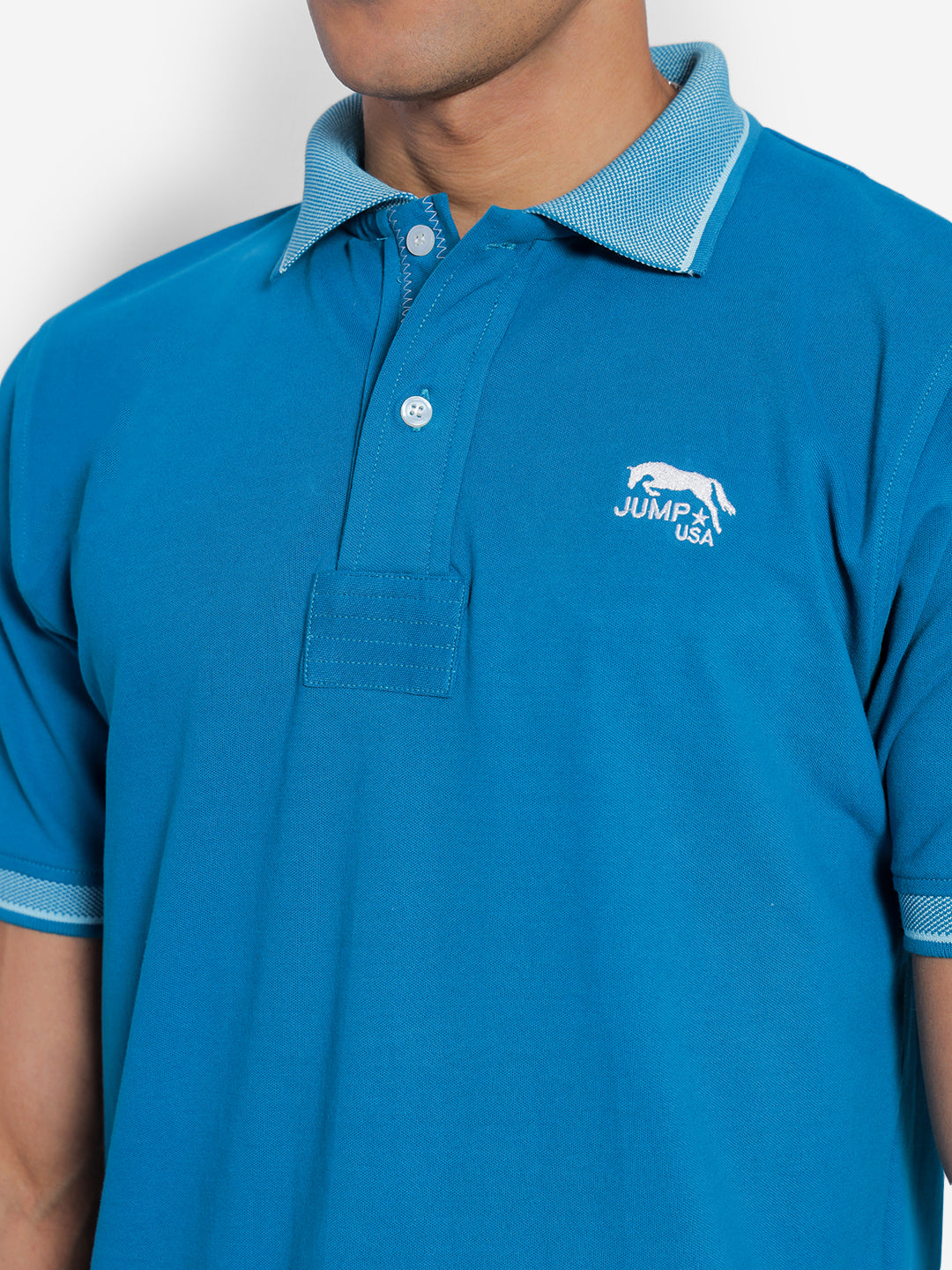 JUMP USA Men Ocean Blue Solid Polo Collar Pure Cotton T-shirt