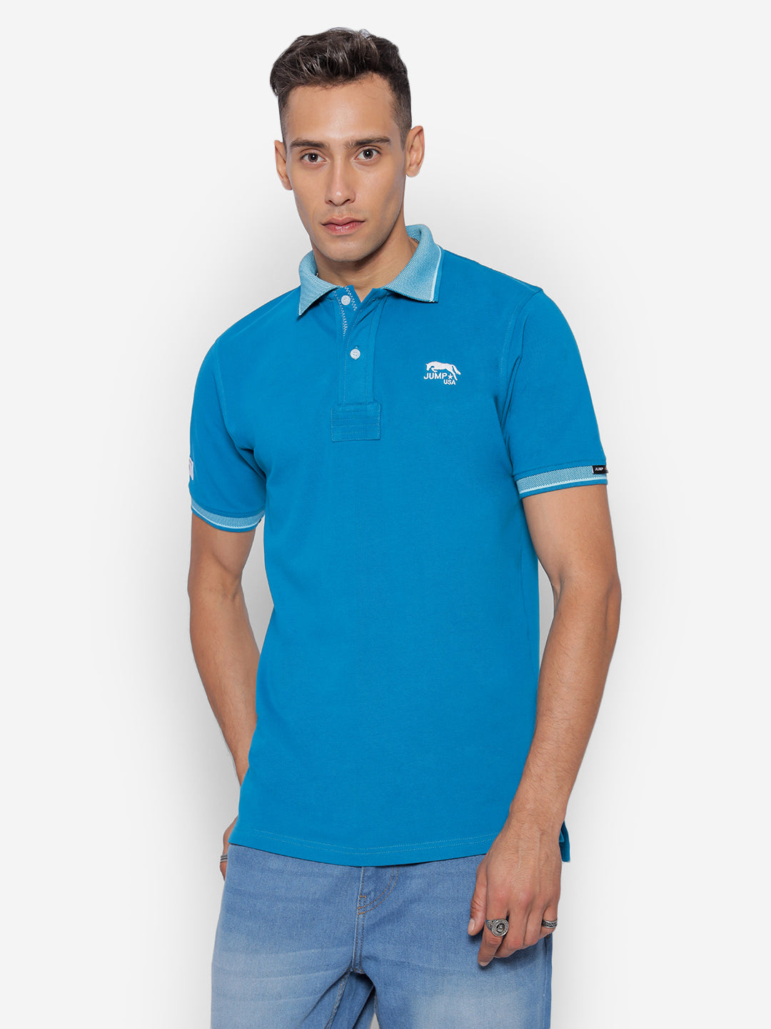 JUMP USA Men Ocean Blue Solid Polo Collar Pure Cotton T-shirt