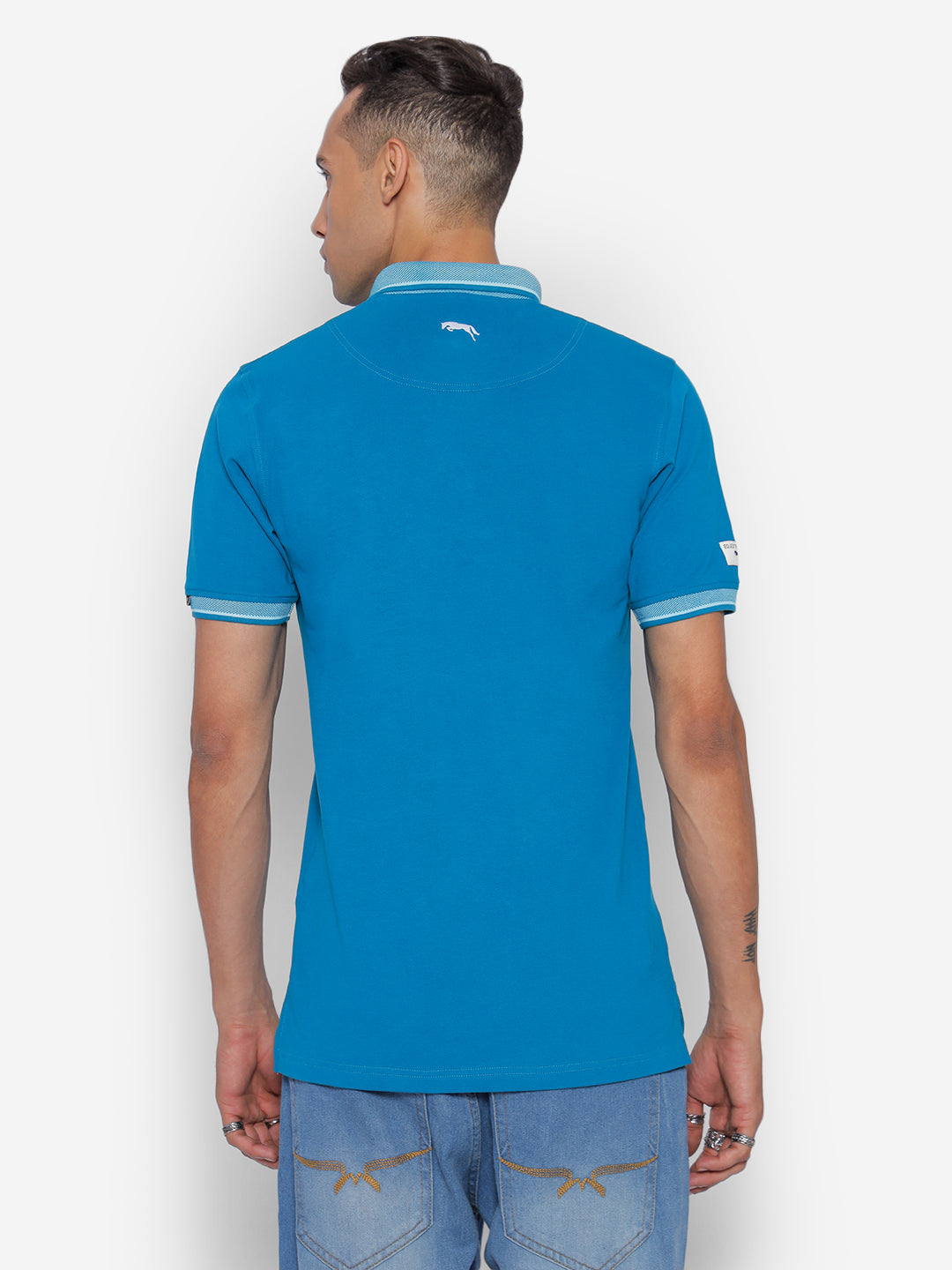 JUMP USA Men Ocean Blue Solid Polo Collar Pure Cotton T-shirt