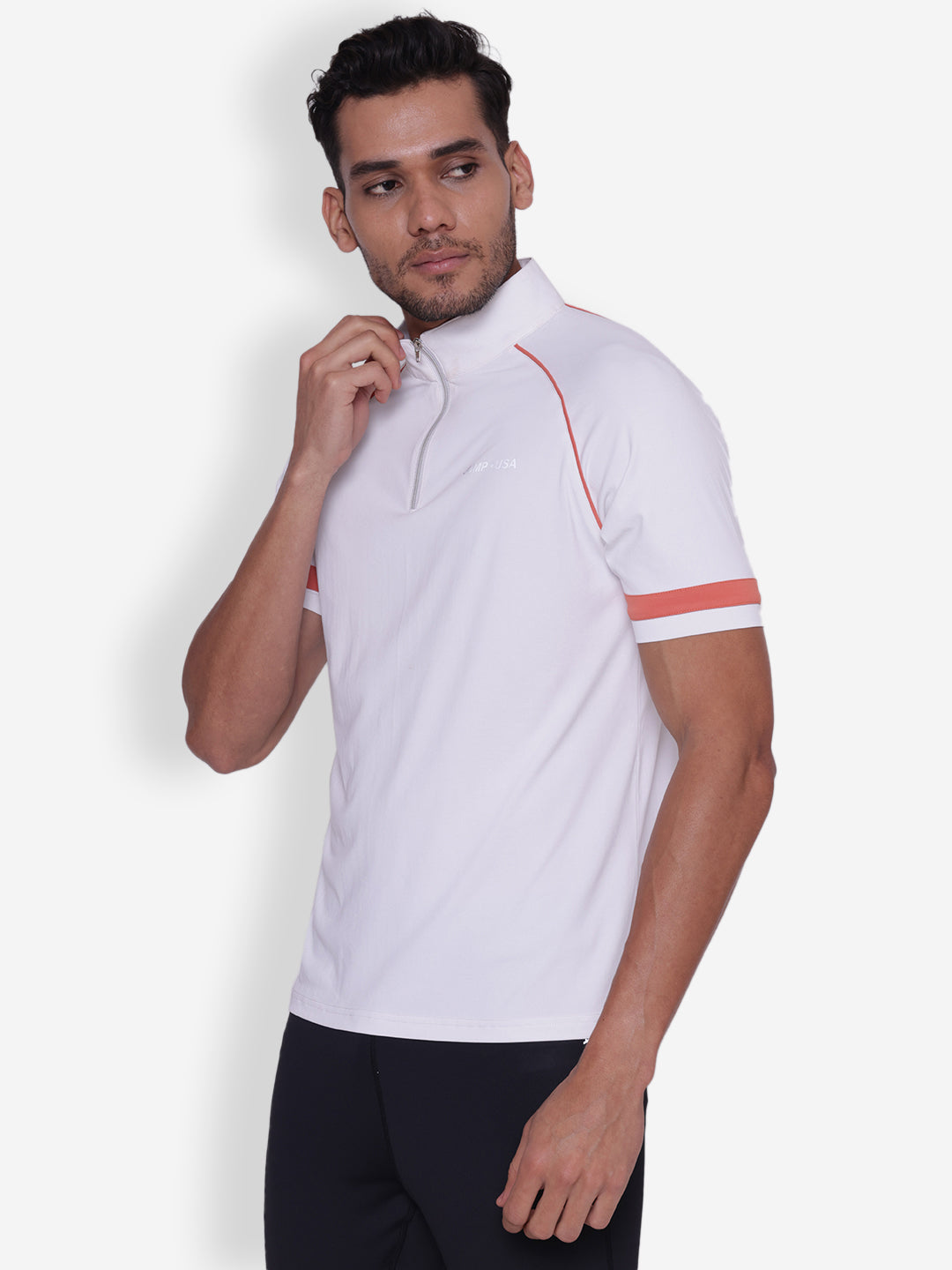 JUMP USA Mens White & Coral High Neck T-shirt