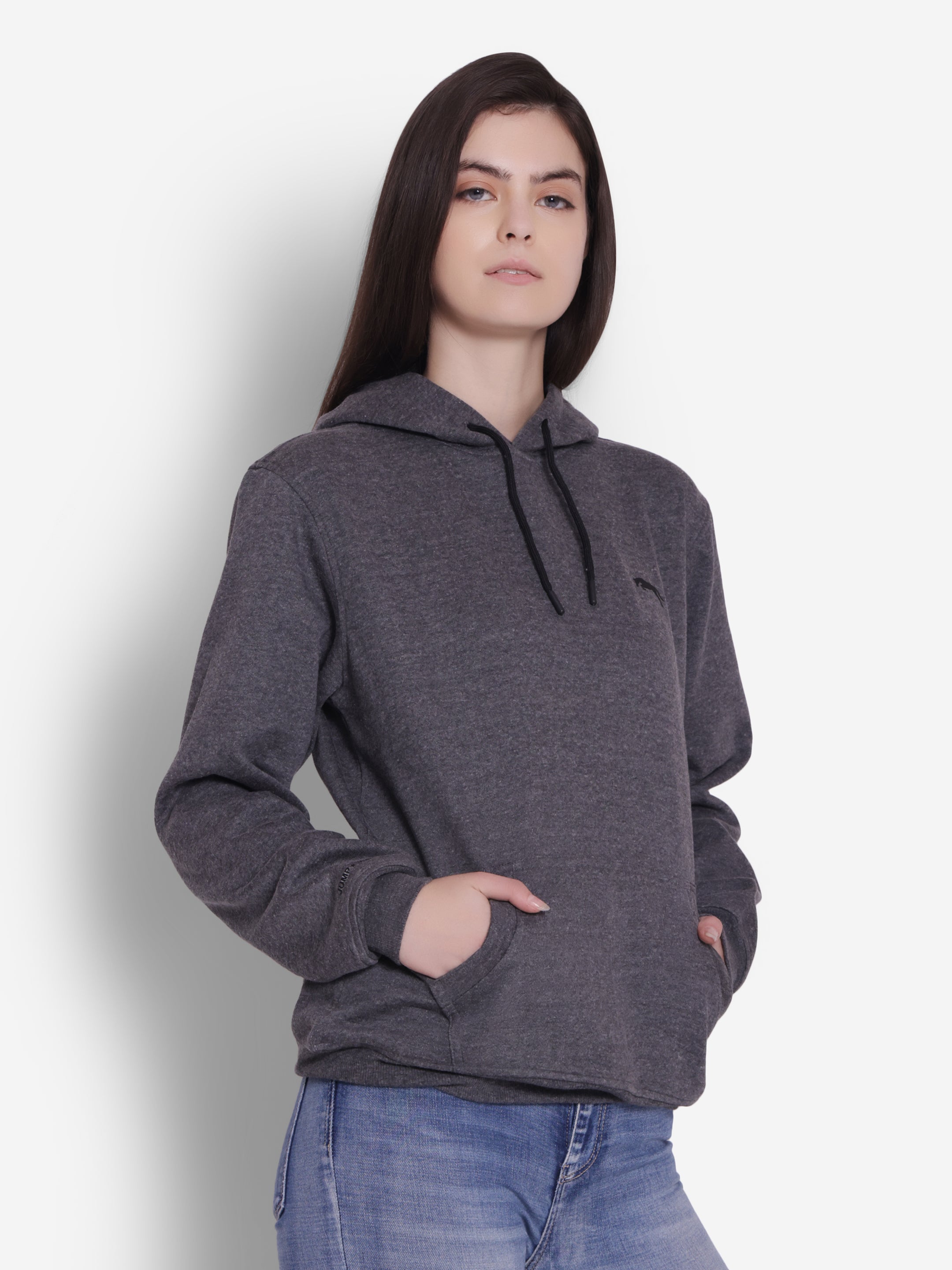 JUMP USA Women Solid Dark Grey Hoodie