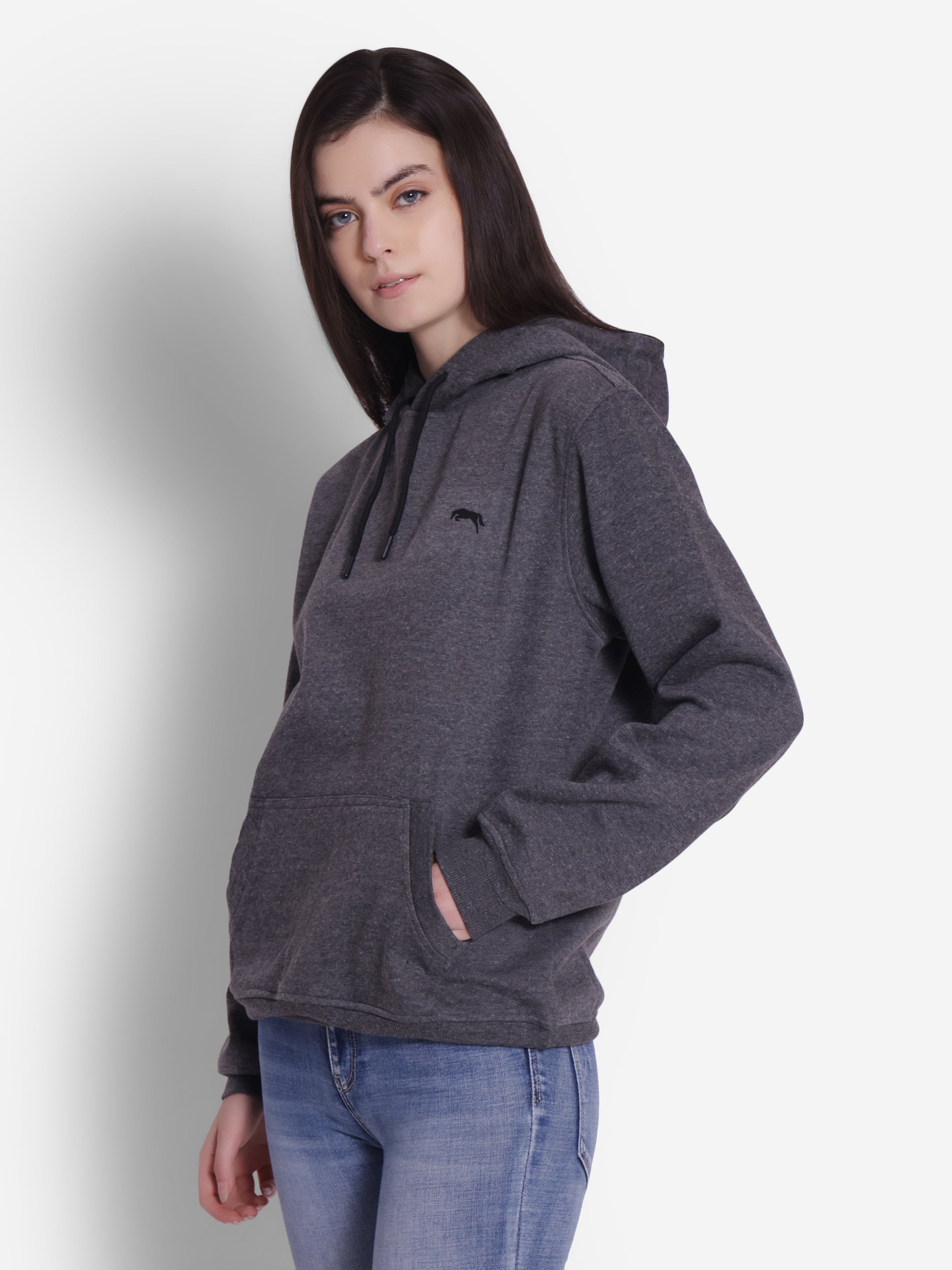 JUMP USA Women Solid Dark Grey Hoodie
