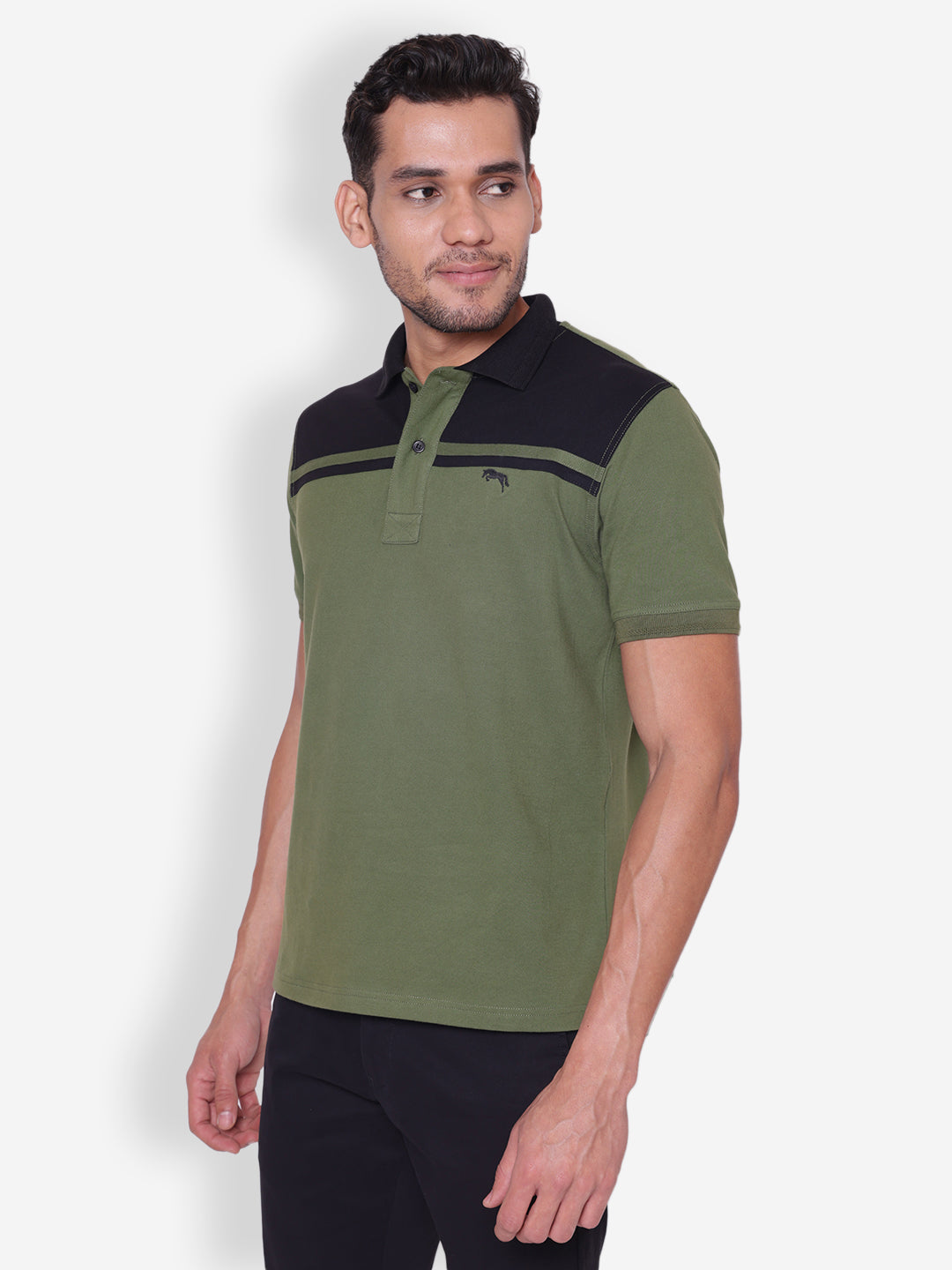 JUMP USA Men Solid Green & Black Polo Collar Cotton T-shirt