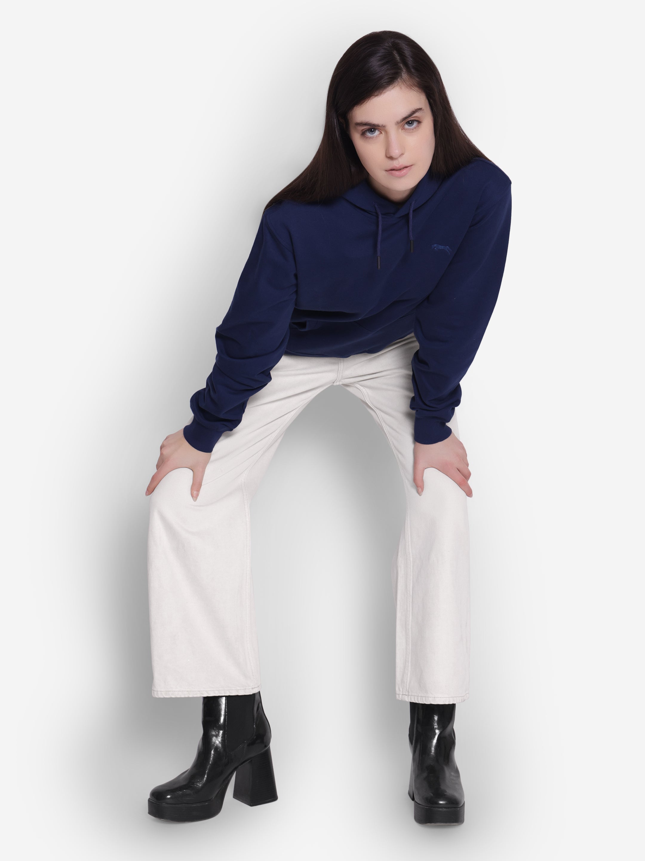 JUMP USA Women Solid Navy Blue Hoodie