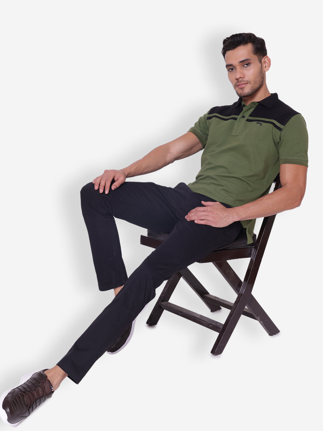 JUMP USA Men Solid Green & Black Polo Collar Cotton T-shirt