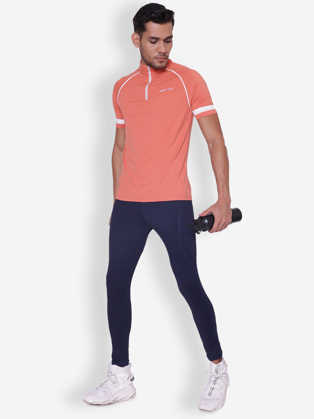 JUMP USA Mens White & Coral High Neck T-shirt