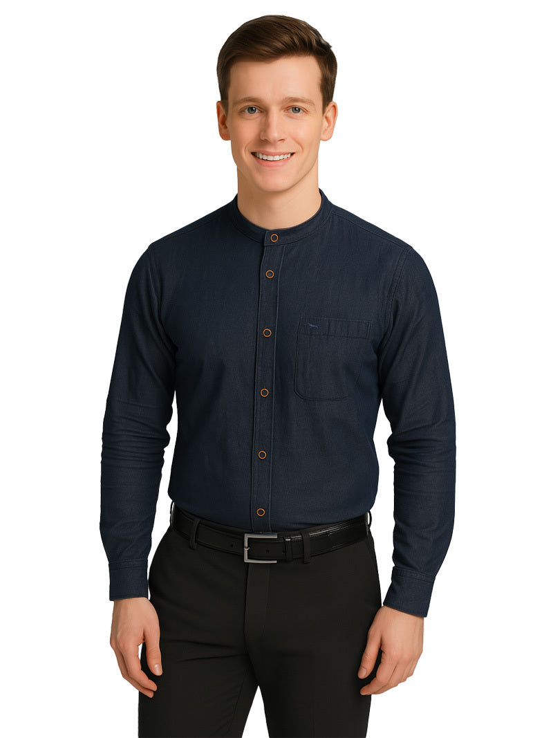 Men Dark Blue Washed Regular Fit Casual Shirt - JUMP USA