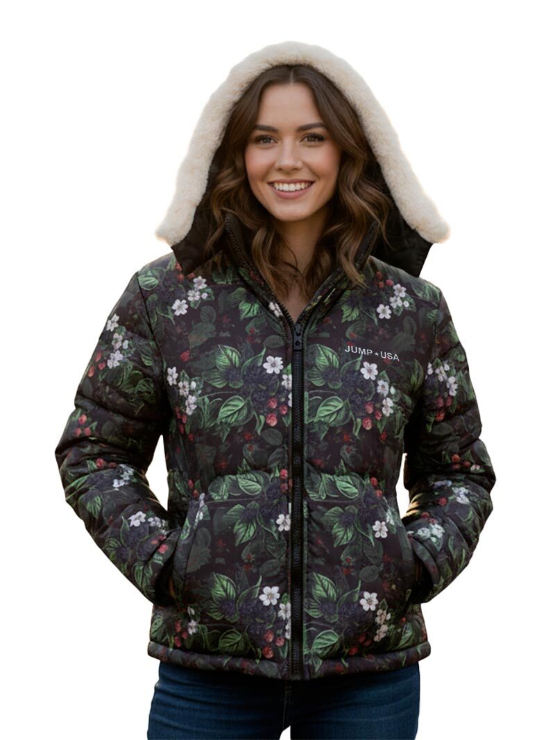 JUMP USA Dual-Sided Warm Jacket for Women – Solid Black & Floral Pattern