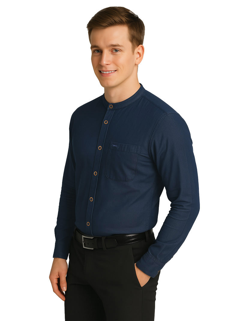 Men Dark Blue Washed Regular Fit Casual Shirt - JUMP USA