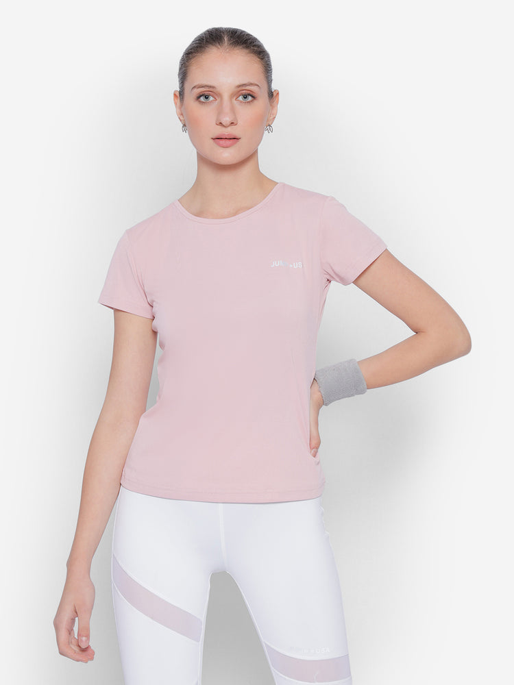 JUMP USA Petal Pink Yoga Women Solid Rapid Dry Cut Out Sustainable T-Shirt