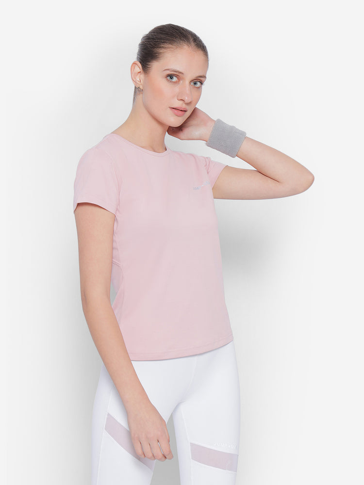JUMP USA Petal Pink Yoga Women Solid Rapid Dry Cut Out Sustainable T-Shirt