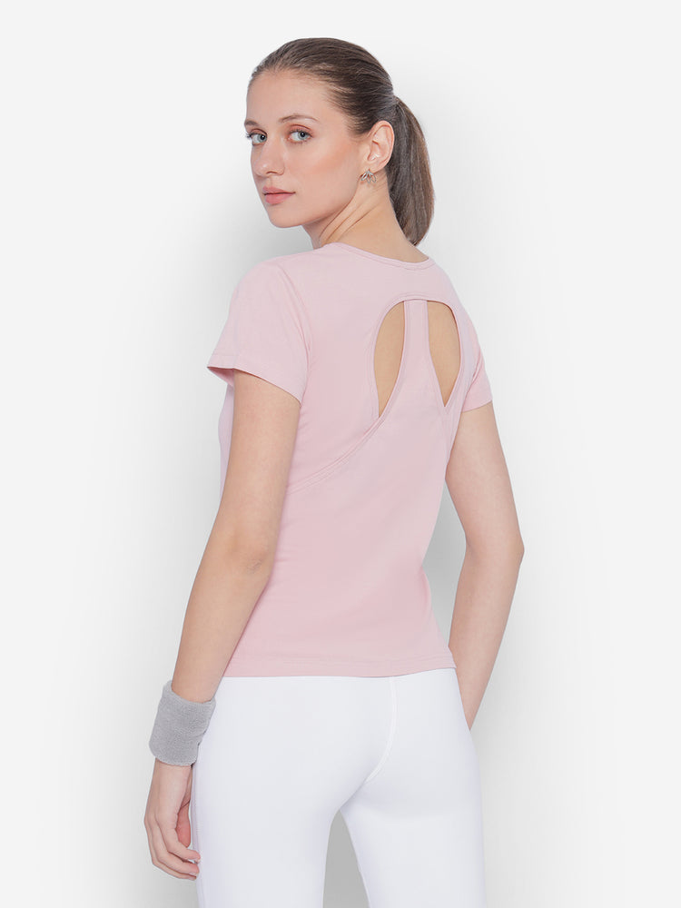 JUMP USA Petal Pink Yoga Women Solid Rapid Dry Cut Out Sustainable T-Shirt