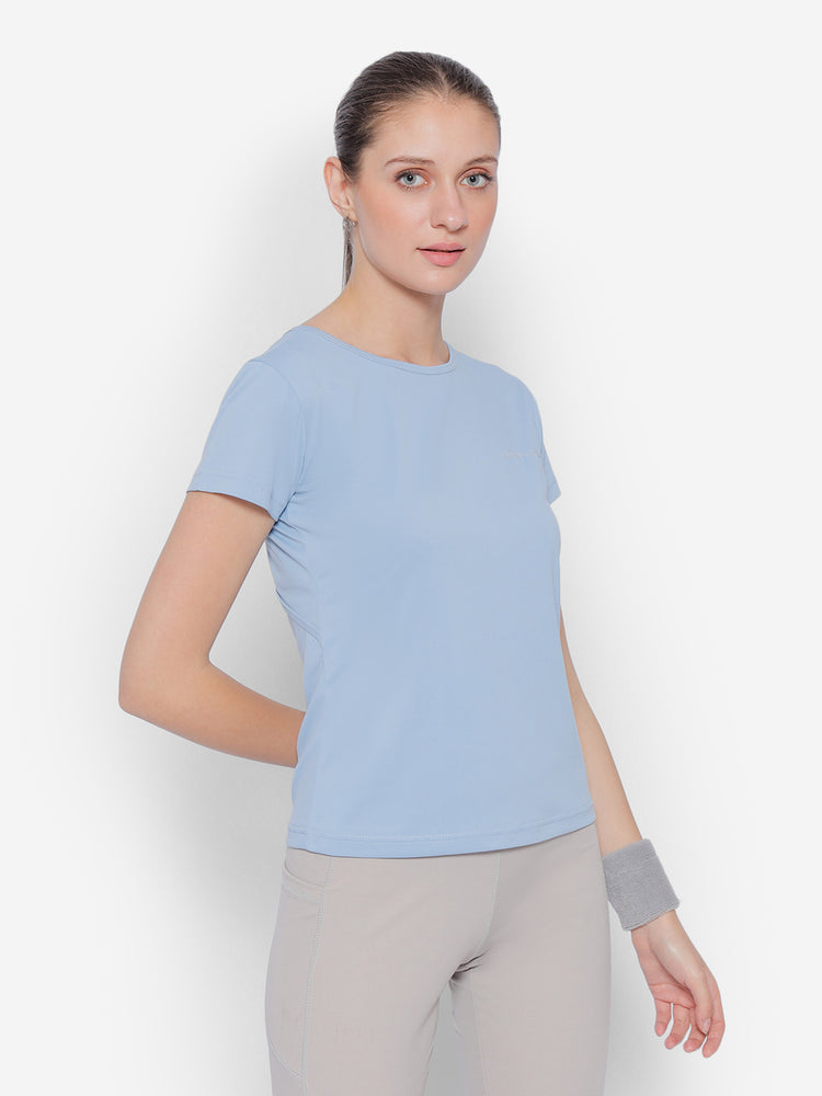 JUMP USA Yoga Blue Women Solid Rapid Dry Cut Out Sustainable T-shirt