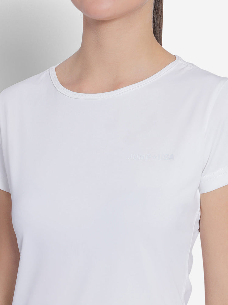 JUMP USA Yoga Women Solid Rapid Dry Cut Out Sustainable T-shirt