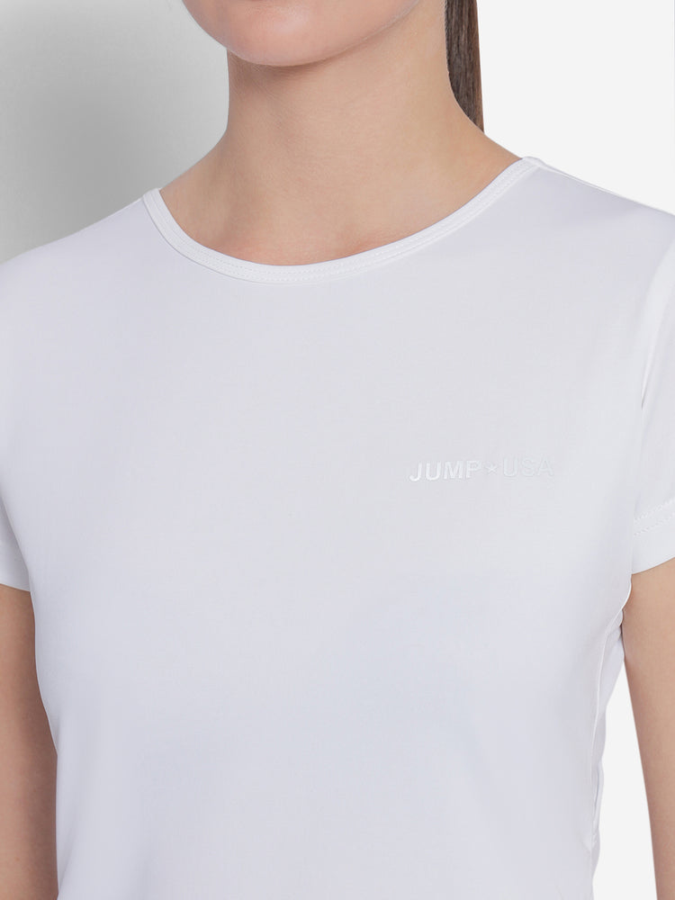 JUMP USA White Yoga Women Solid Rapid Dry Cut Out Sustainable T-shirt