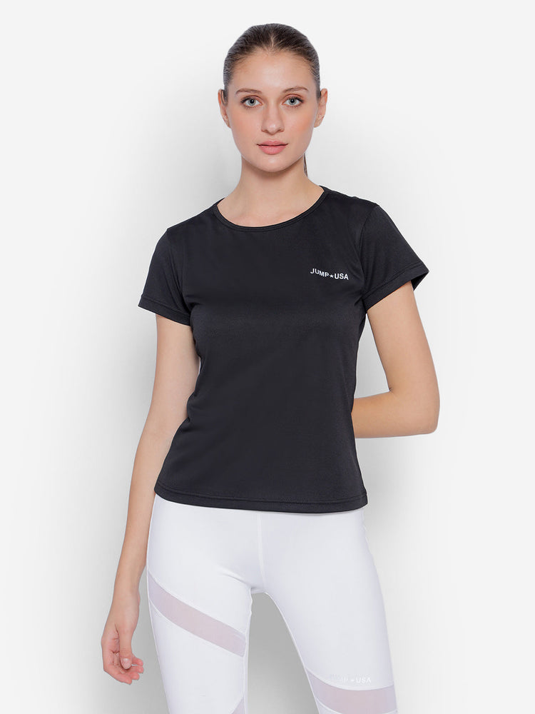 JUMP USA Yoga Women Solid Rapid Dry Cut Out Sustainable T-shirt