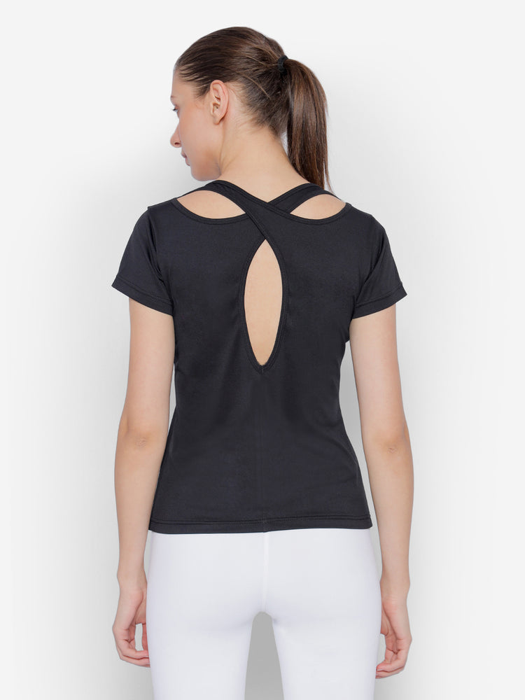JUMP USA Black Yoga Women Solid Rapid Dry Cut Out Sustainable T-shirt
