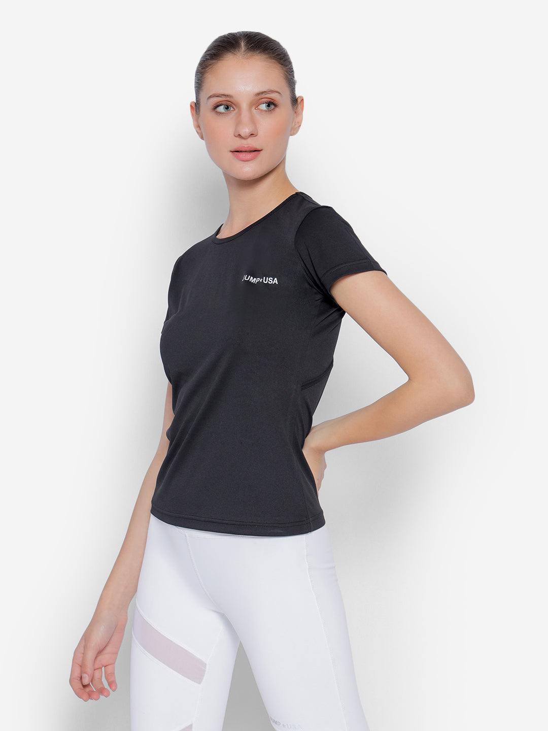 JUMP USA Yoga Women Solid Rapid Dry Cut Out Sustainable T-shirt