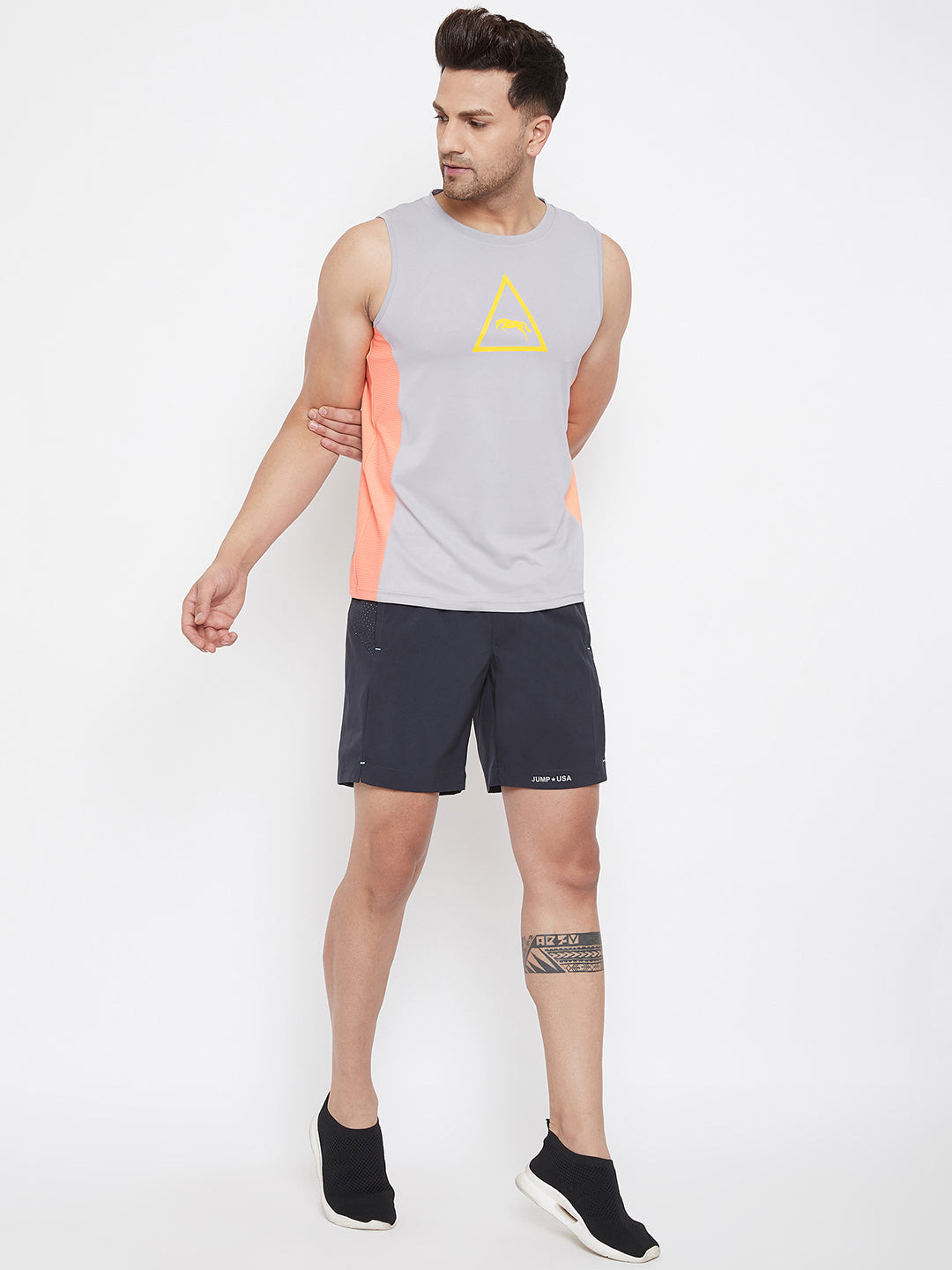 JUMP USA Men Grey Peach Solid Active Wear T-shirt
