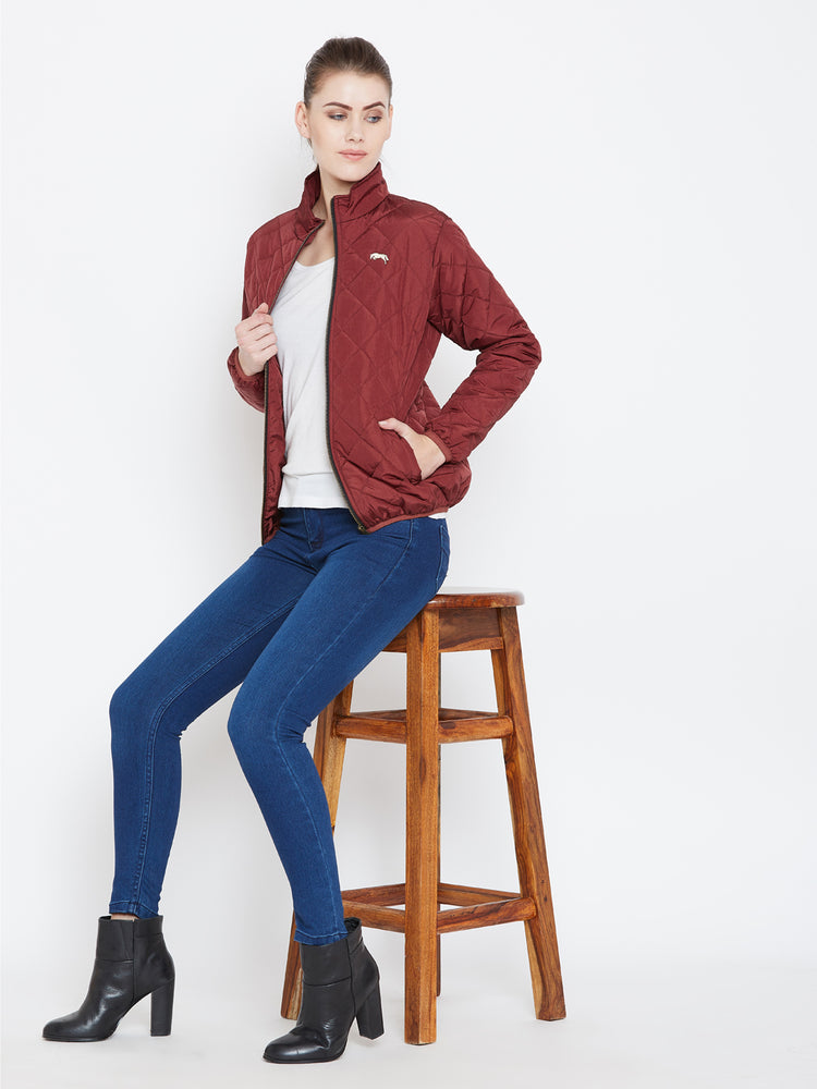 Womens Solid Ec Red Quilted Jacket - JUMP USA