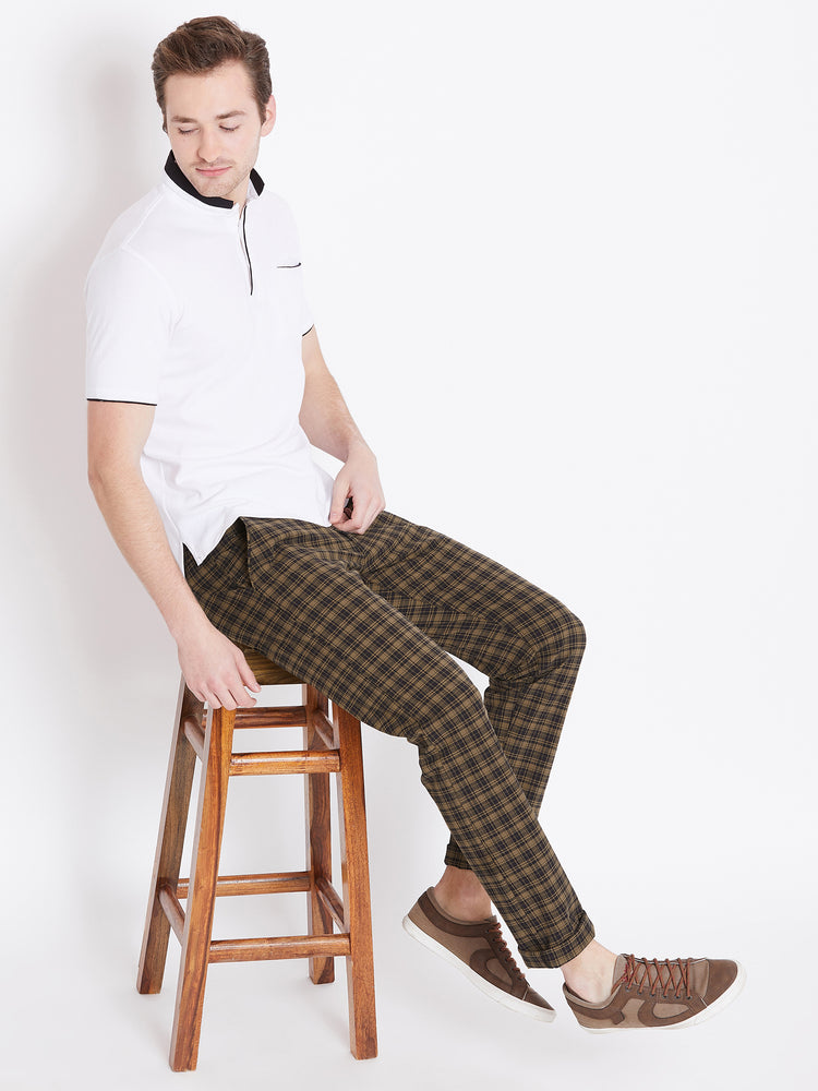 Men Brown Checked Casual Slim Fit Trousers - JUMP USA