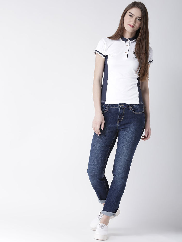 Women White Solid Polo Collar T-shirt - JUMP USA
