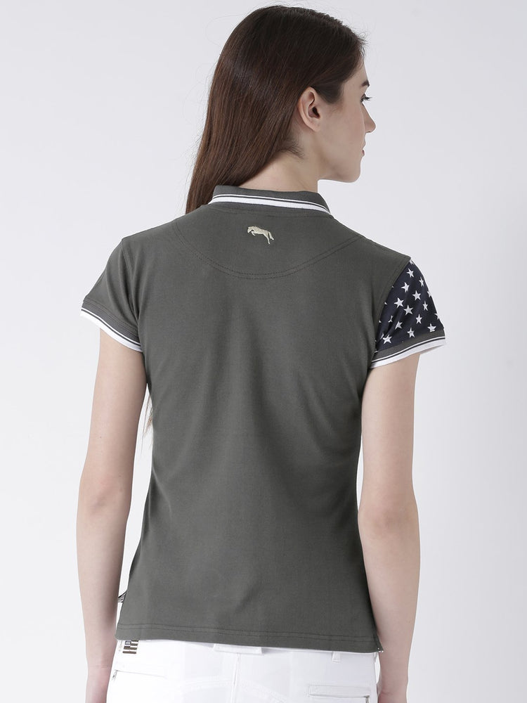 Women Charcoal Solid Polo Collar T-shirt - JUMP USA