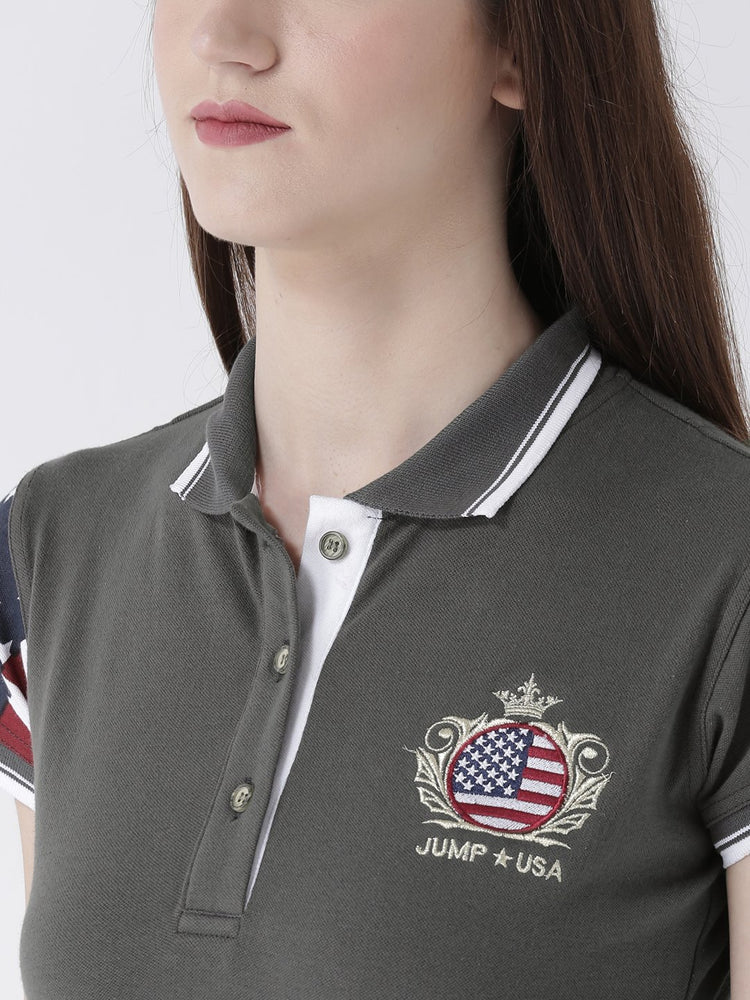 Women Charcoal Solid Polo Collar T-shirt - JUMP USA