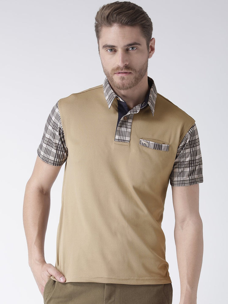 Men Beige Solid Polo Collar T-Shirt - JUMP USA