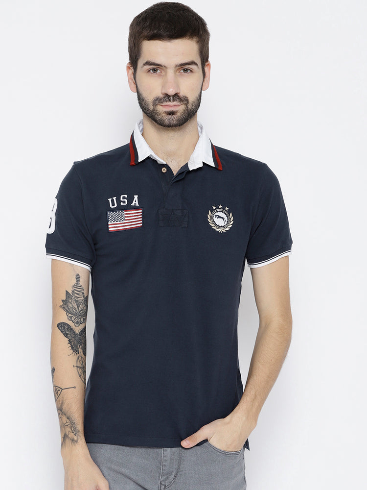 Men Navy Blue Solid Polo Collar T-shirt - JUMP USA