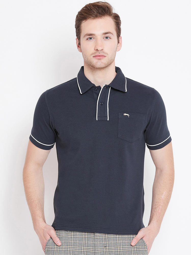 Men Navy Blue Solid Casual Polo T-shirts - JUMP USA