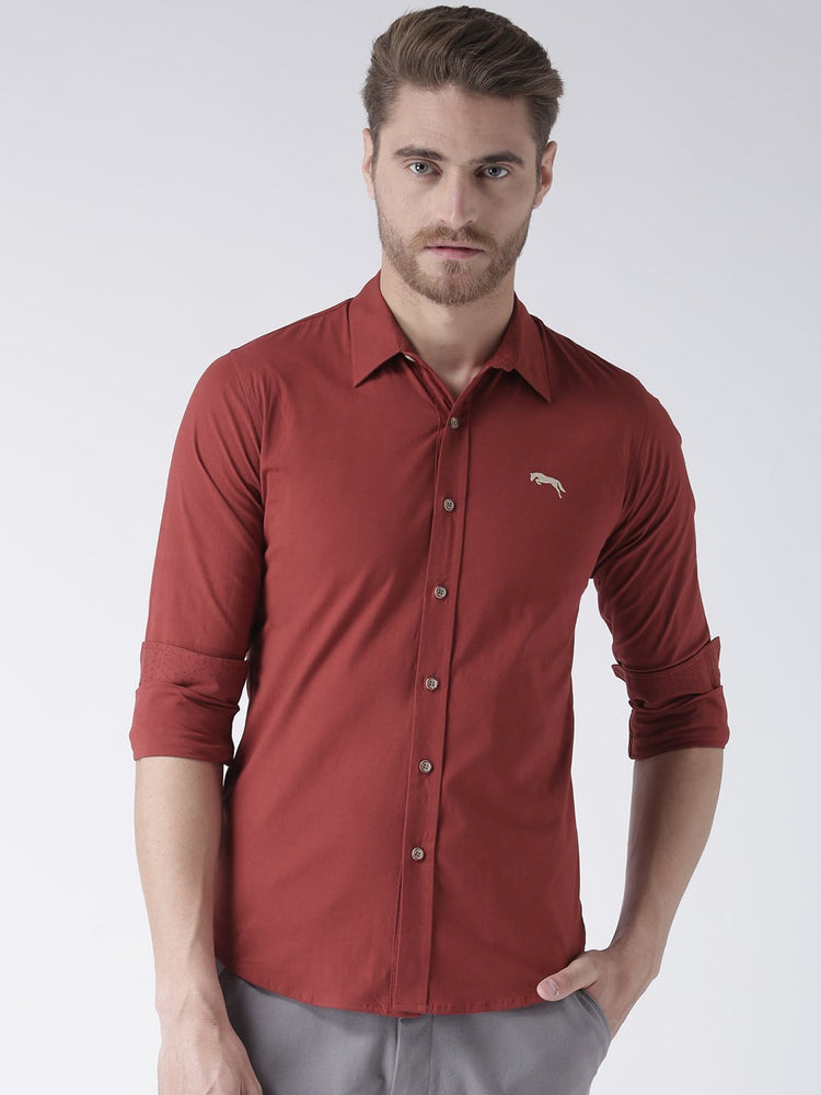 Men Red Solid Cotton Regular Fit Shirt - JUMP USA