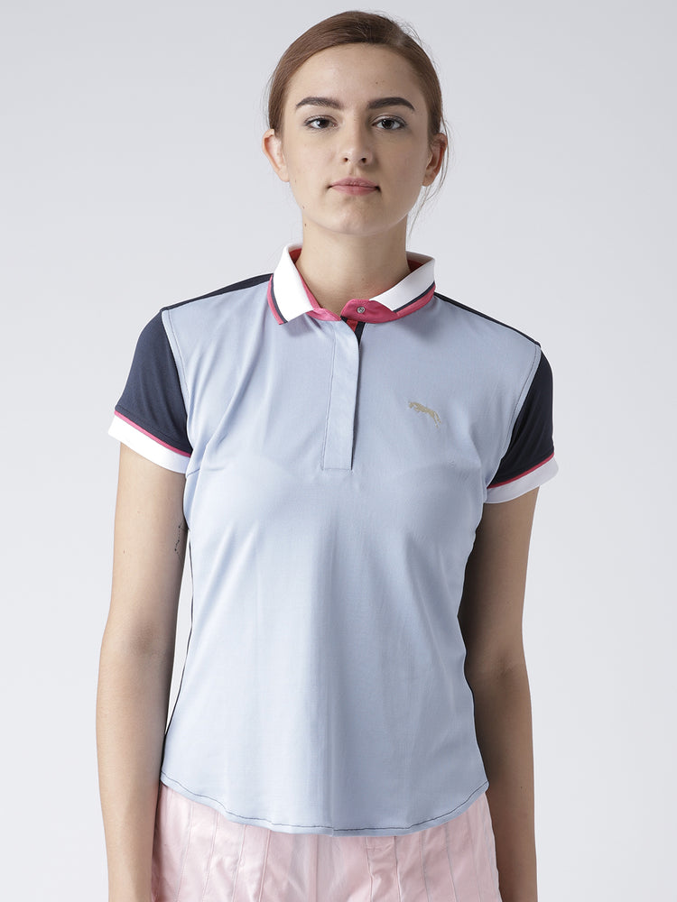 Women Solid Navy Blue Polo T-Shirt - JUMP USA