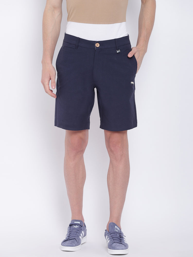 Men Casual Solid Navy Blue Chinos Shorts - JUMP USA