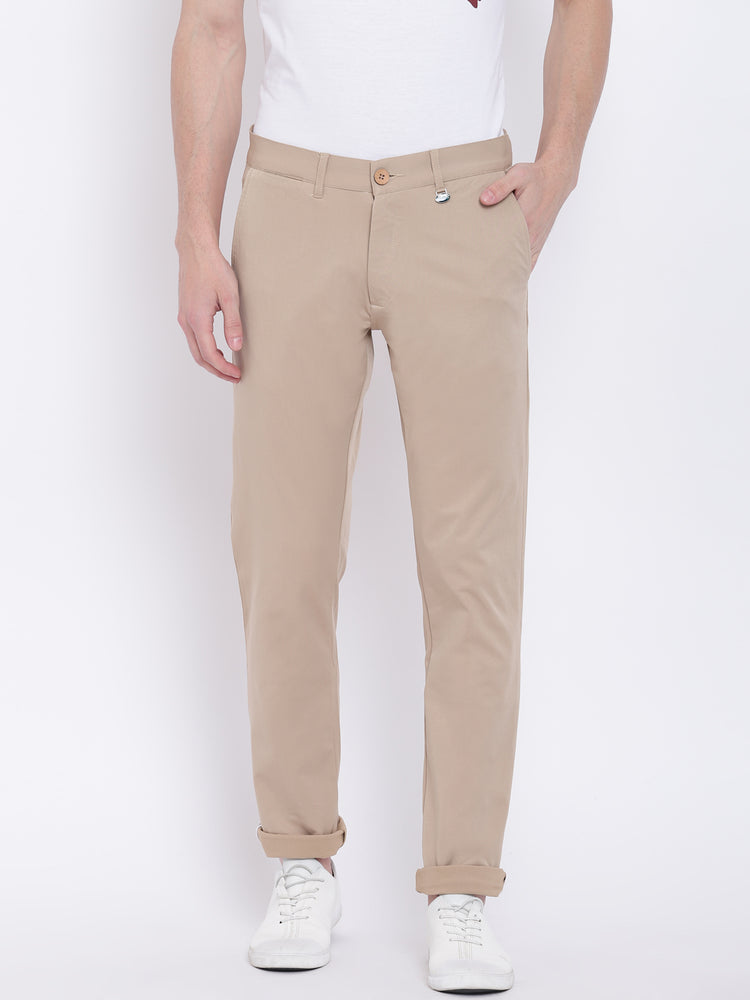 Men Casual Solid Tan Chinos - JUMP USA