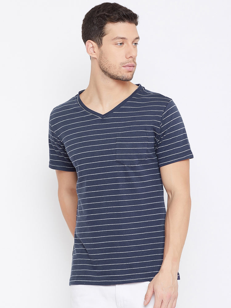 JUMP USA Men Navy Blue Striped V-neck T-shirt - JUMP USA