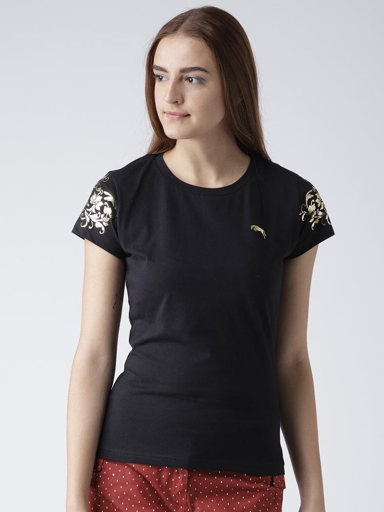Women Solid Black T-Shirt - JUMP USA