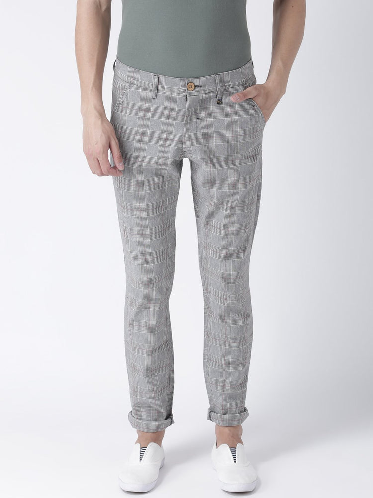Men Grey Melange Slim Fit Checked Chinos - JUMP USA