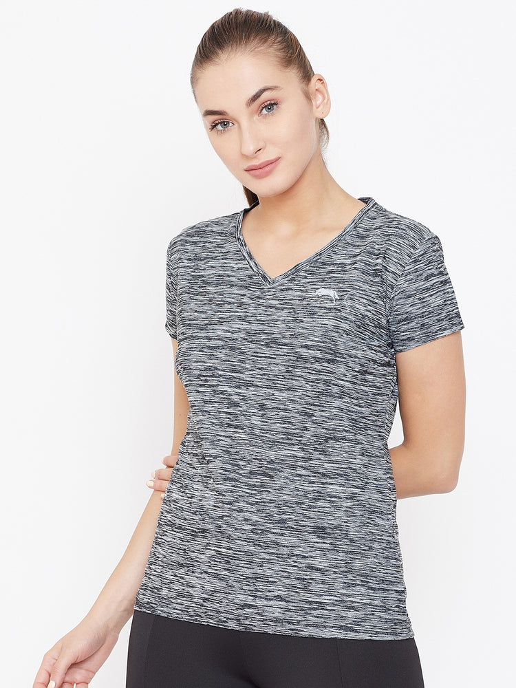 Women Black Solid Active Wear V Neck T-shirt - JUMP USA