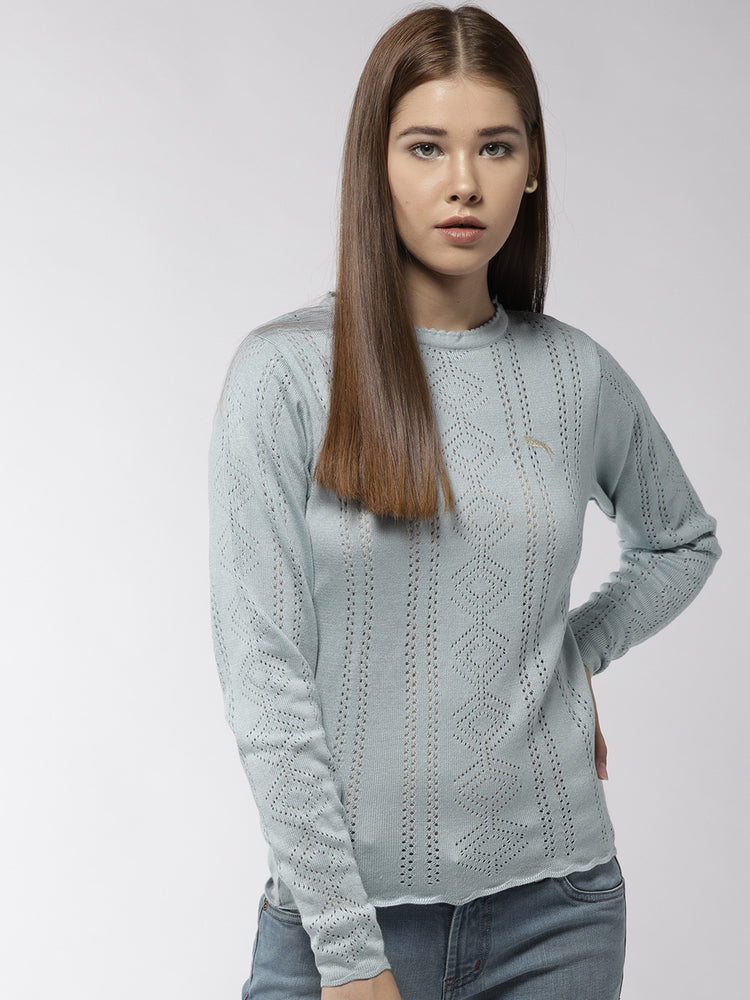 Women Solid Blue Pullover - JUMP USA