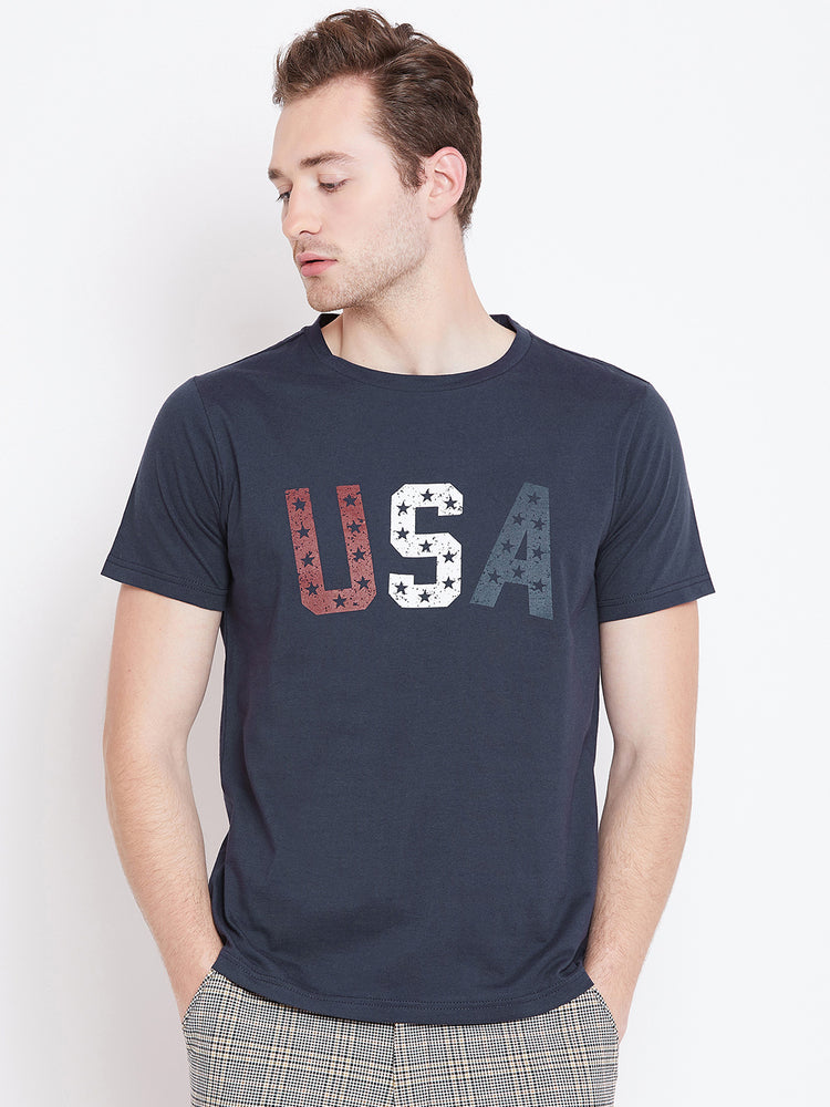 Men Navy Blue Printed Casual T-shirt - JUMP USA