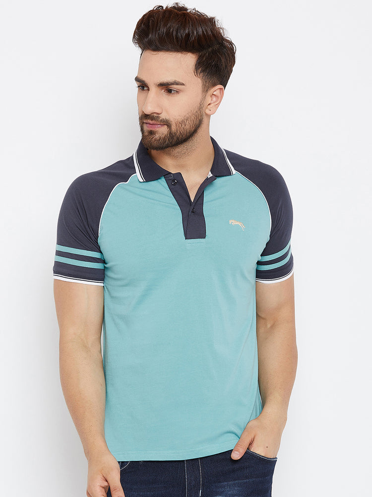 JUMP USA Men Blue Solid Polo Collar T-Shirt - JUMP USA