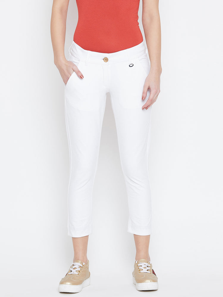 Women White Solid Skinny Fit Trouses - JUMP USA
