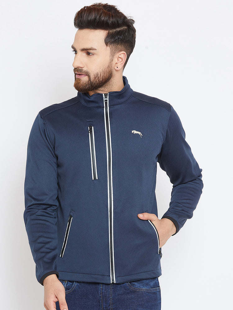 Men Navy Blue Solid Sporty Jacket - JUMP USA