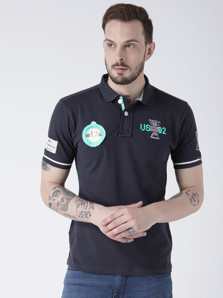 Men Navy Blue Solid Polo T-shirt - JUMP USA