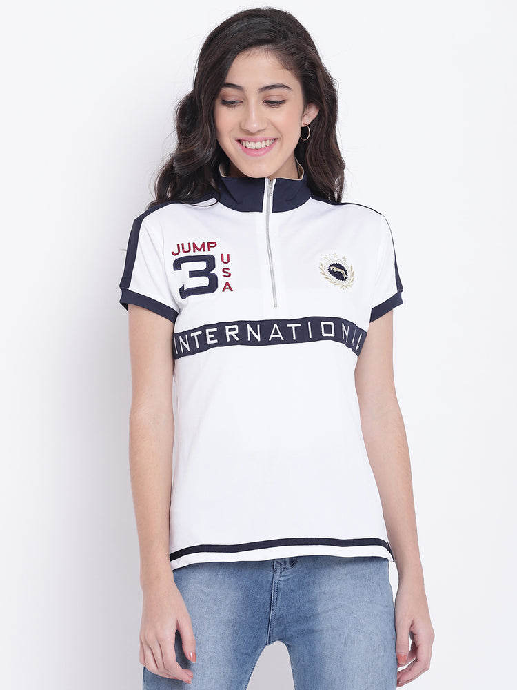 Women White Casual Polo Collar T-Shirt - JUMP USA