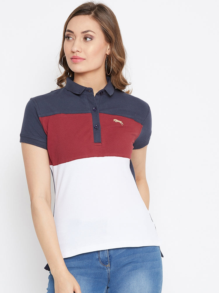 JUMP USA Women Navy Blue And Red Colour blocked PoloT-Shirts - JUMP USA