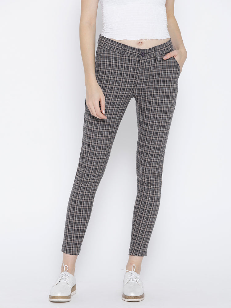 Women Grey Checked Regular Trousers - JUMP USA