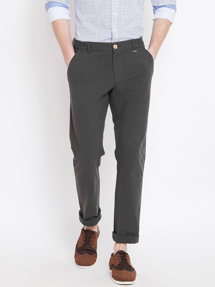 Men Charcoal Solid Casual Regular Fit Trousers - JUMP USA