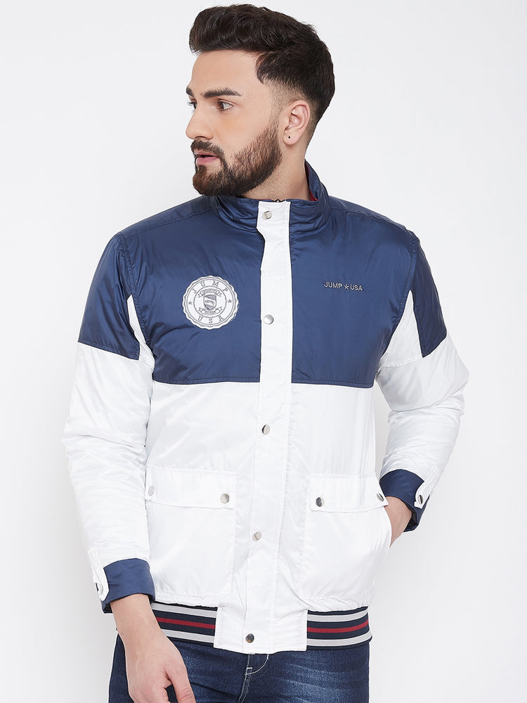 JUMP USA Men Navy Blue & White Colourblocked Casual Open Front Jacket - JUMP USA